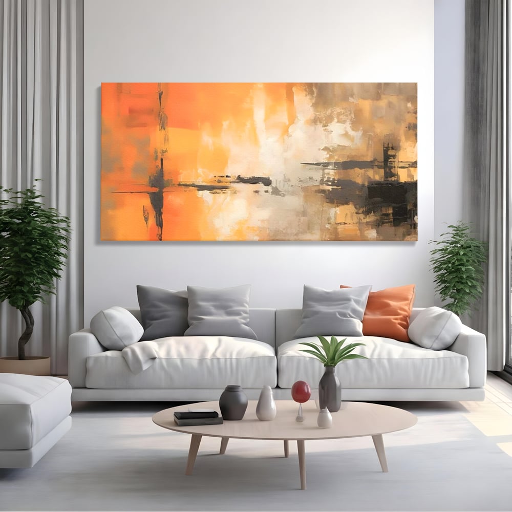 Tablou canvas cu pictura abstracta cu forme portocalii si negre, fara rama, pe sasiu de lemn, pe perete intr-un living